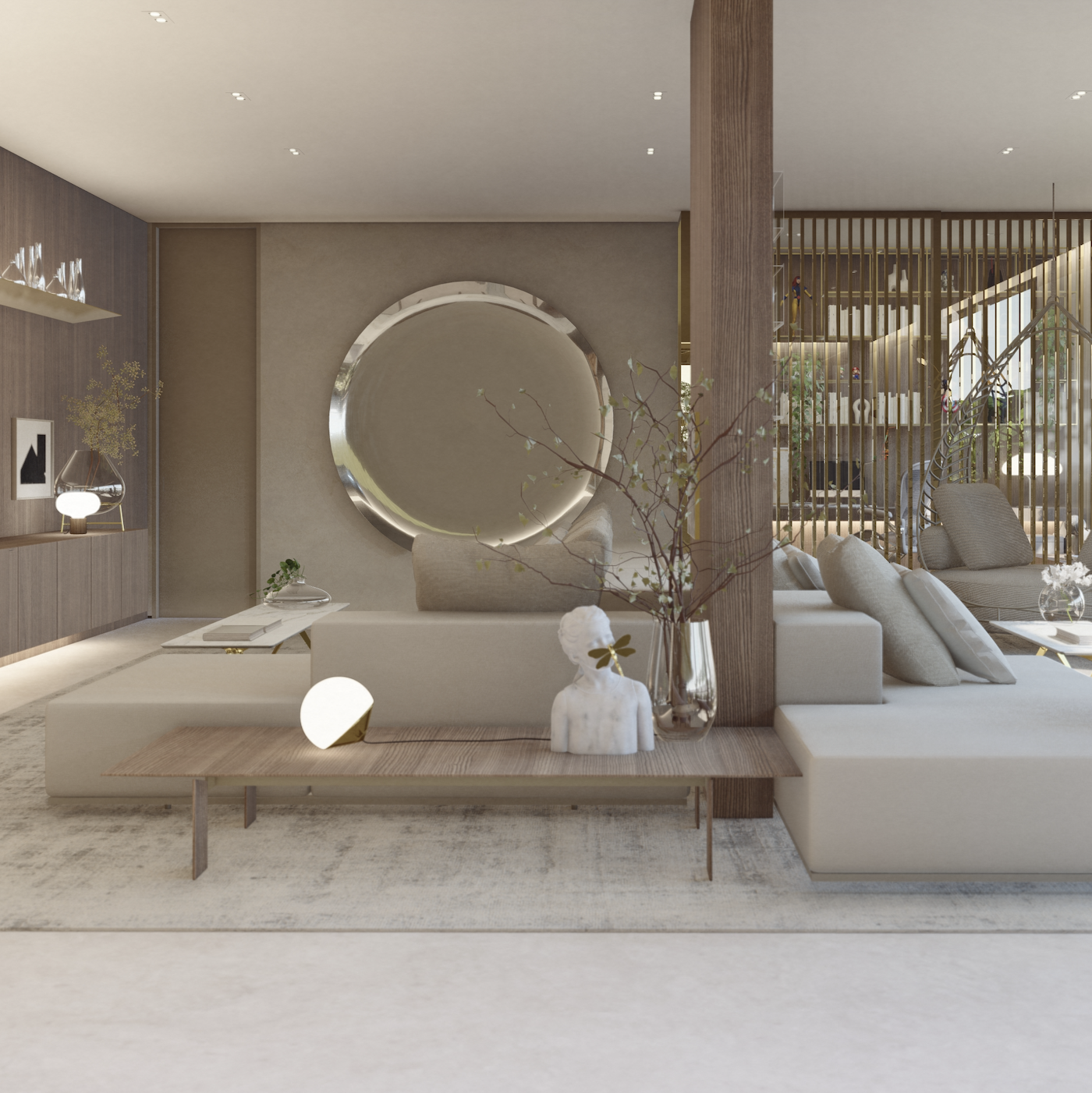 Sala integrada com design de interiores na Barra da Tijuca