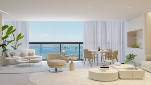 Sala de estar com arquitetura sustentável de luxo na Barra da Tijuca e iluminação natural planejada