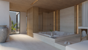 spa em casa com banheira e madeira integrada à natureza