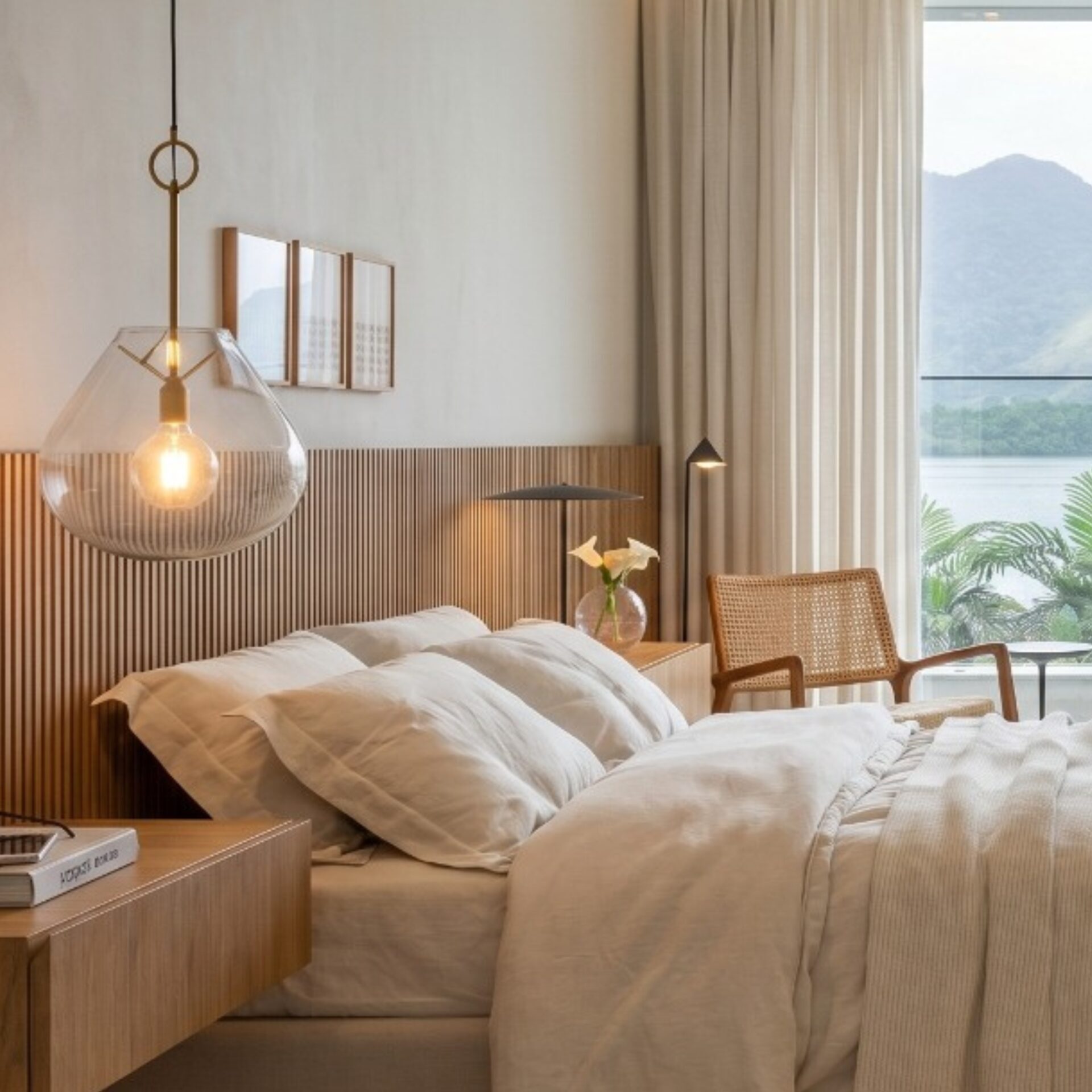 Decoração para quarto de casal Projeto de decoração para quarto moderno com grandes esquadrias e tons neutros.