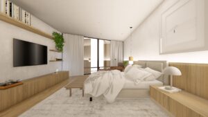 Quarto de casal contemporâneo com móveis planejados, madeira natural e iluminação em LED.