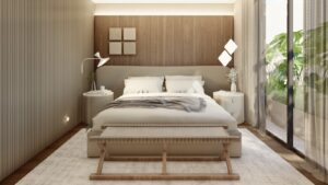 Quarto sofisticado com cabeceira em palhinha, luminárias pendentes e decoração aconchegante.