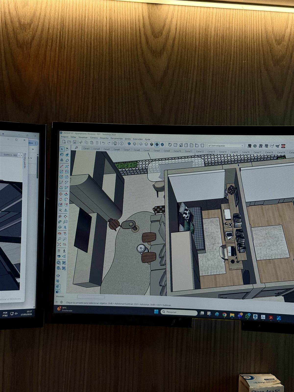 Estudo de layout de apartamento em 3D desenvolvido durante um projeto de arquitetura